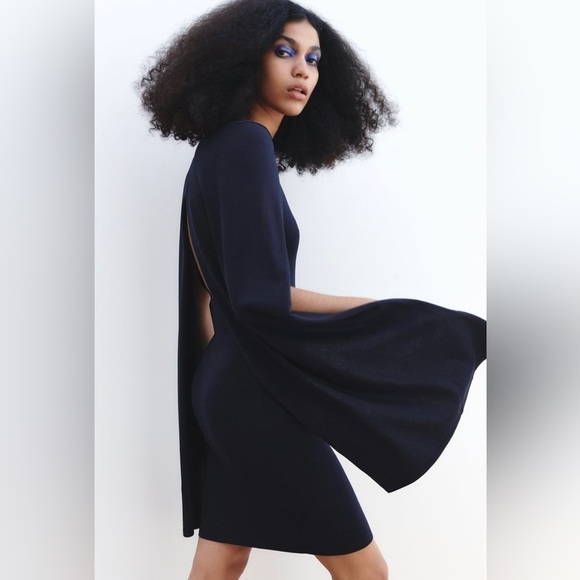 ZARA‎ New Navy Blue Elegant Round Neck Knit Cape Dress Slit Long Sleeves Size S - Picture 5 of 17